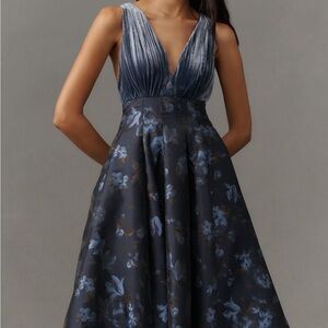 Anthropologie Navy and Gray Floral Midi Dress - luxurious and gorgeous!